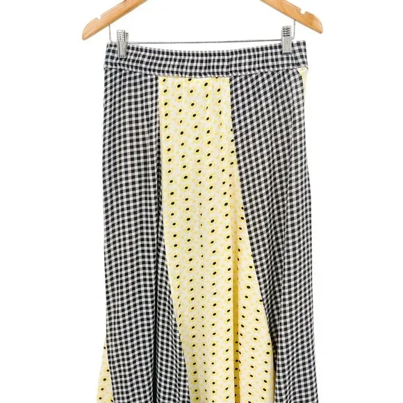 GANNI Daisy Printed Floral Crepe Paneled Maxi Skirt Gingham Yellow Flowy EU 40 - Picture 8 of 15